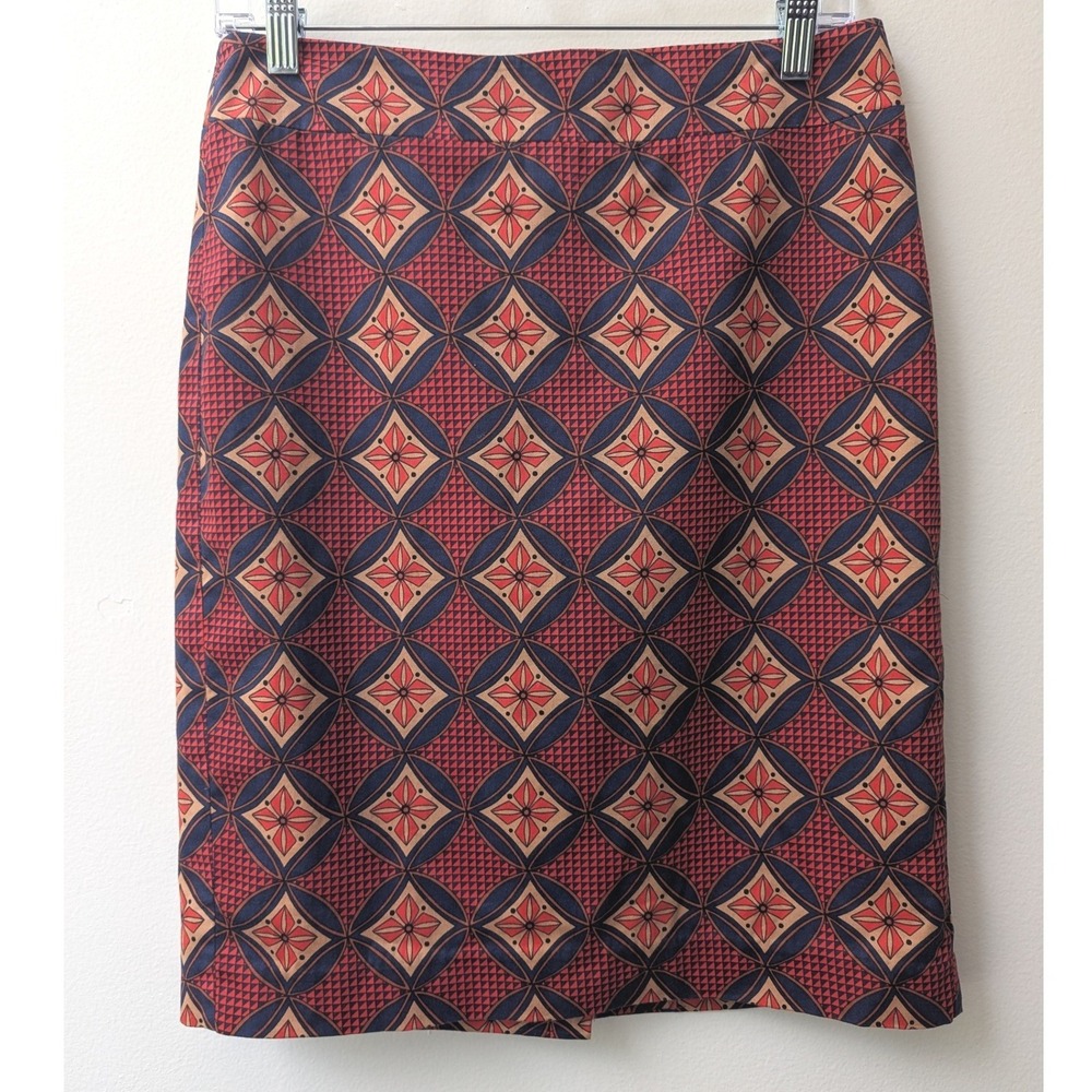 Ann Taylor Pencil Skirt Red Navy Geometric Diamond Medallion Sz 4 Retro Mod